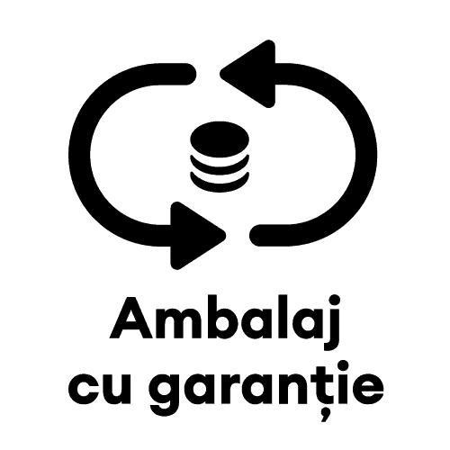 Packaging with warranty badge: circular arrows around a stacked database icon, with the caption 'Ambalaj cu garanție'